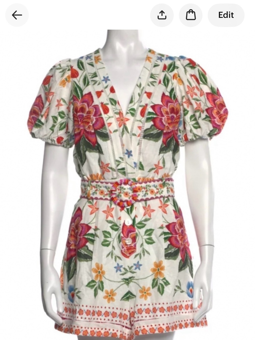NWT Caroline Constas Floral Embroidered Puff-Sleeve Romper $395. Size 2